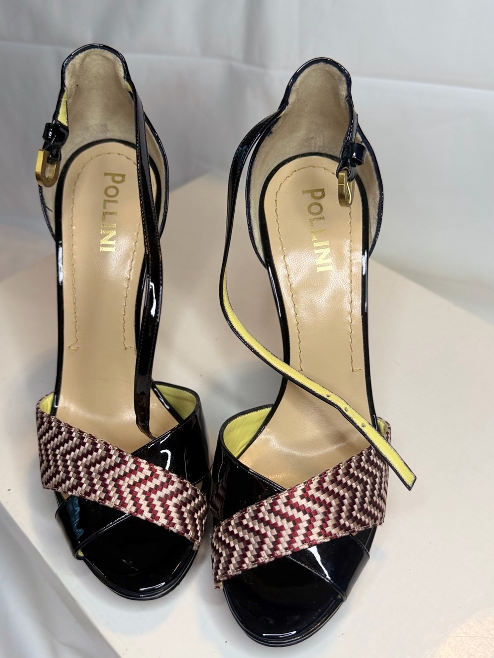 Pollini Black Patent Leather Heels with Red/White Woven Strap